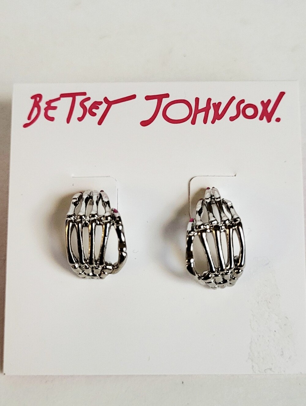 Betsey Johnson Silver Skeleton Hand Huggie Hoop Earrings
